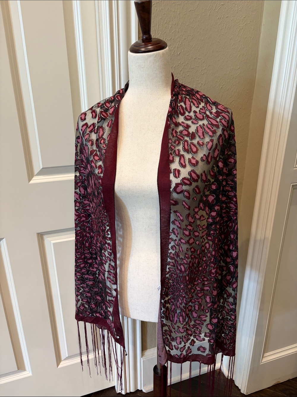 Sheer Burgundy & Pink Leopard Print Fringe Scarf Wrap